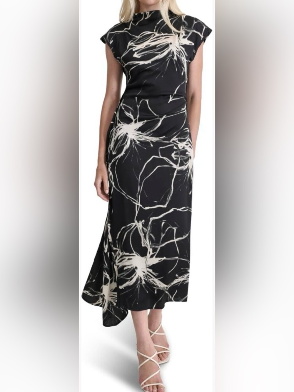 DKNY Black Midi Dress with White Floral Sketch Print